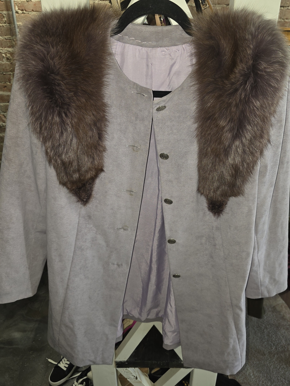 Women's Lavender Gray Suede Coat with Brown Fur Collar